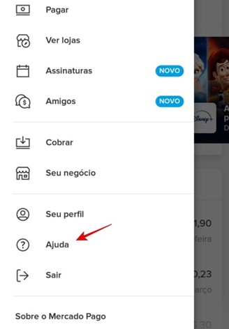 Menu do app Mercado Pago.