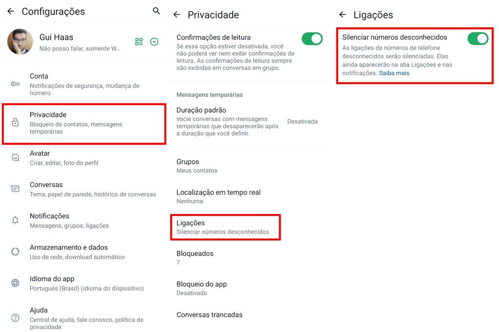 Opção de silenciar números desconhecidos limita ligações por voz apenas de contatos salvos na sua lista (Imagem: Captura de tela/Guilherme Haas/Canaltech)