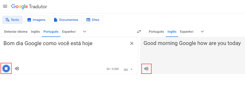 É possível traduzir áudio no Google Tradutor pela versão web (Imagem: Captura de tela/Guilherme Haas/Canaltech)