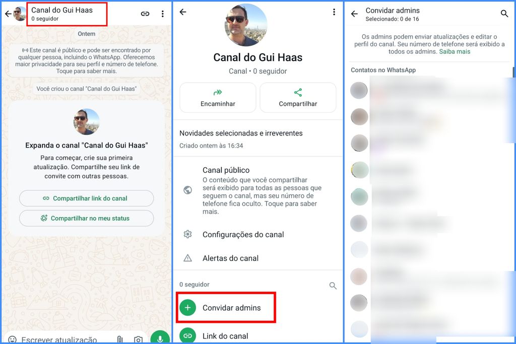 Como convidar pessoas para serem admins em seu canal no WhatsApp para Android (Imagem: Captura de tela/Guilherme Haas/Canaltech)