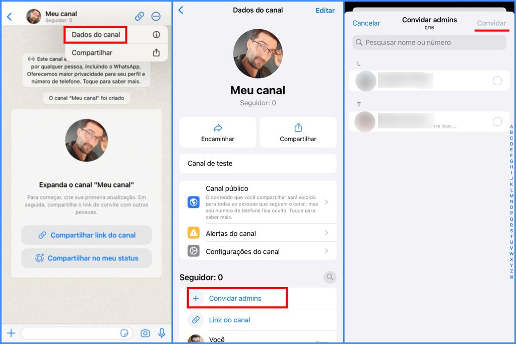 Como convidar admins para um canal do que você é dono na versão do WhatsApp para iOS (Imagem: Captura de tela/Guilherme Haas/Canaltech)