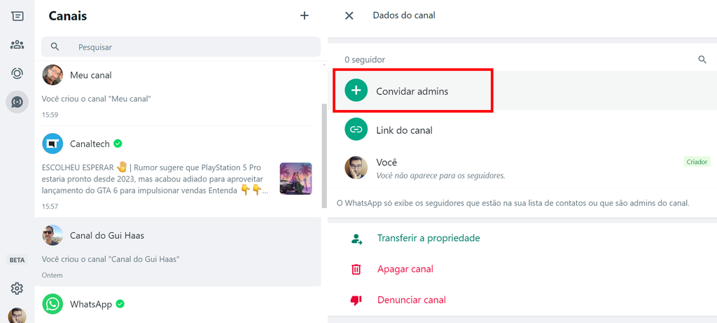 Como convidar admins para um canal no WhatsApp Web (Imagem: Captura de tela/Guilherme Haas/Canaltech)