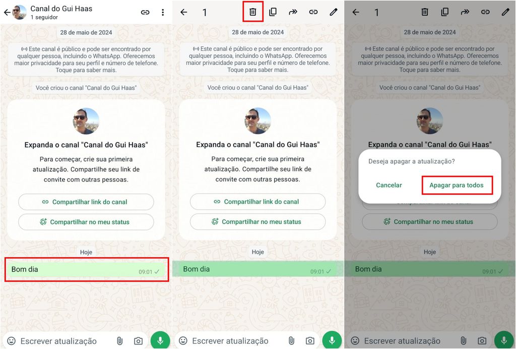 Como apagar atualizações nos seus canais no WhatsApp pelo Android (Imagem: Captura de tela/Guilherme Haas/Canaltech)