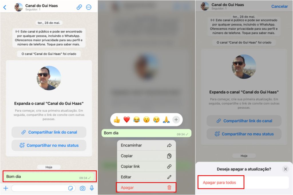 Como excluir atualizações em canais no WhatsApp pelo iOS (Imagem: Captura de tela/Guilherme Haas/Canaltech)