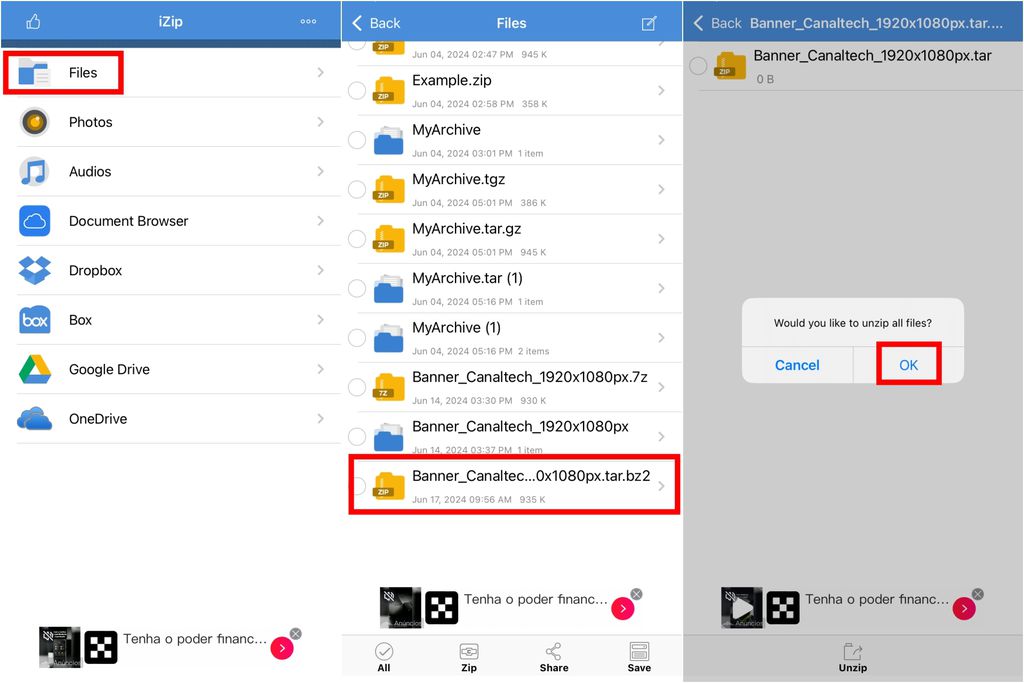 Você pode usar o app iZip para abrir arquivos TAR.BZ2 no iPhone (Imagem: Captura de tela/Guilherme Haas/Canaltech)