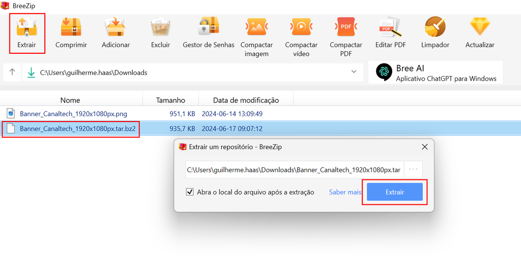 No Windows, é possível usar soluções como o BreeZip para abrir arquivos de diferentes extensões (Imagem: Captura de tela/Guilherme Haas/Canaltech)