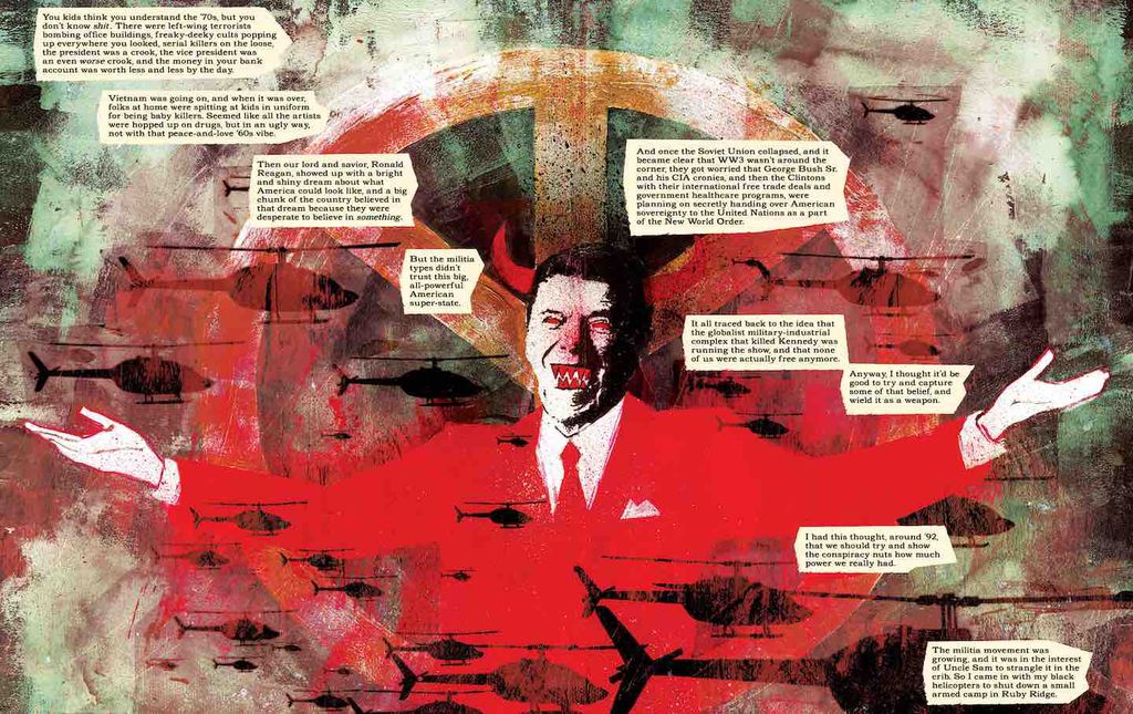 Em The Department of Truth, Cole Turner descobre que todas as teorias da conspiração são verdadeiras e administradas pelo governo americano. (Imagem: Reprodução/Image Comics)