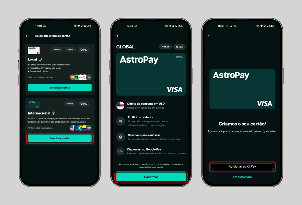 Como adicionar o cartão global da AstroPay na carteira para pagar com o celular (Imagem: Reprodução/AstroPay)