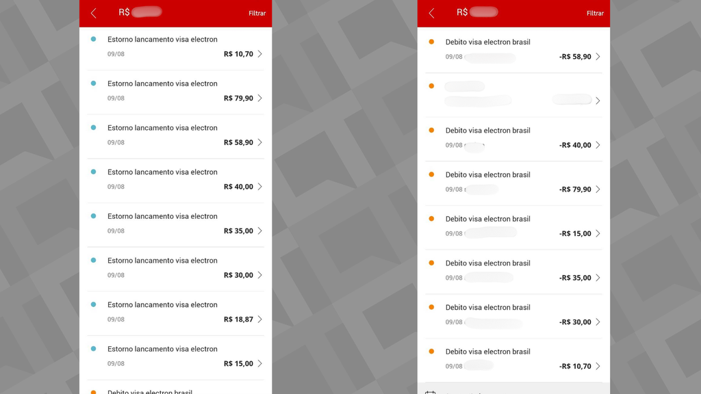 Compras feitas com o cartão de débito do Santander no último saldo foram estornadas repentinamente, relatam clientes (Imagem: Arquivo pessoal)