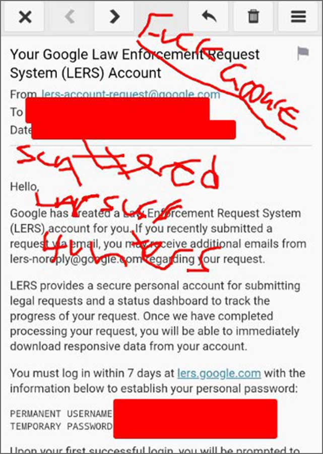 Captura de tela do acesso dos hackers à conta LERS, da Google (Imagem: Scattered Lapsus$ Hunters)