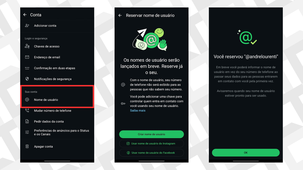 Passos para reservar nome de usuário